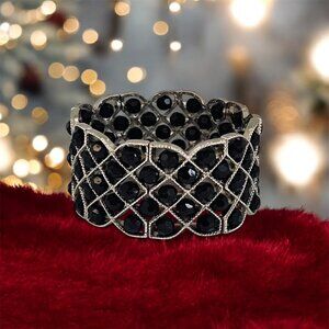 Silver-Tone Black Acrylic Beads Stretch Bracelet